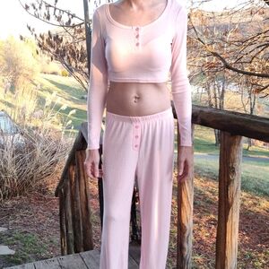 Pink Women's 3 Peice Sleepwear Set With Short And Long Sleeve Top And Pants